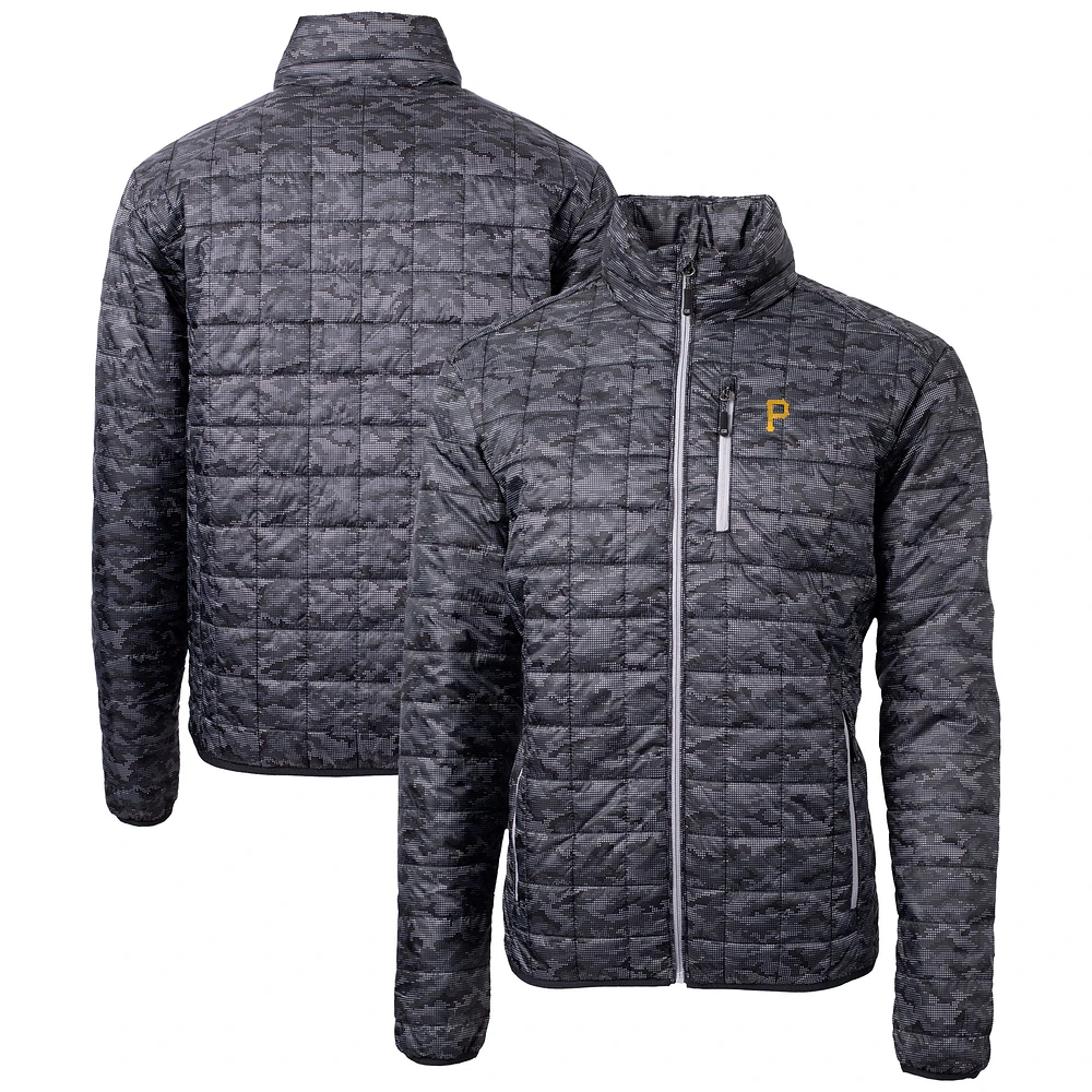 Men's Cutter & Buck Black Pittsburgh Pirates Rainier PrimaLoft® Eco Insulated Full-Zip Hoodie Printed Puffer Jacket