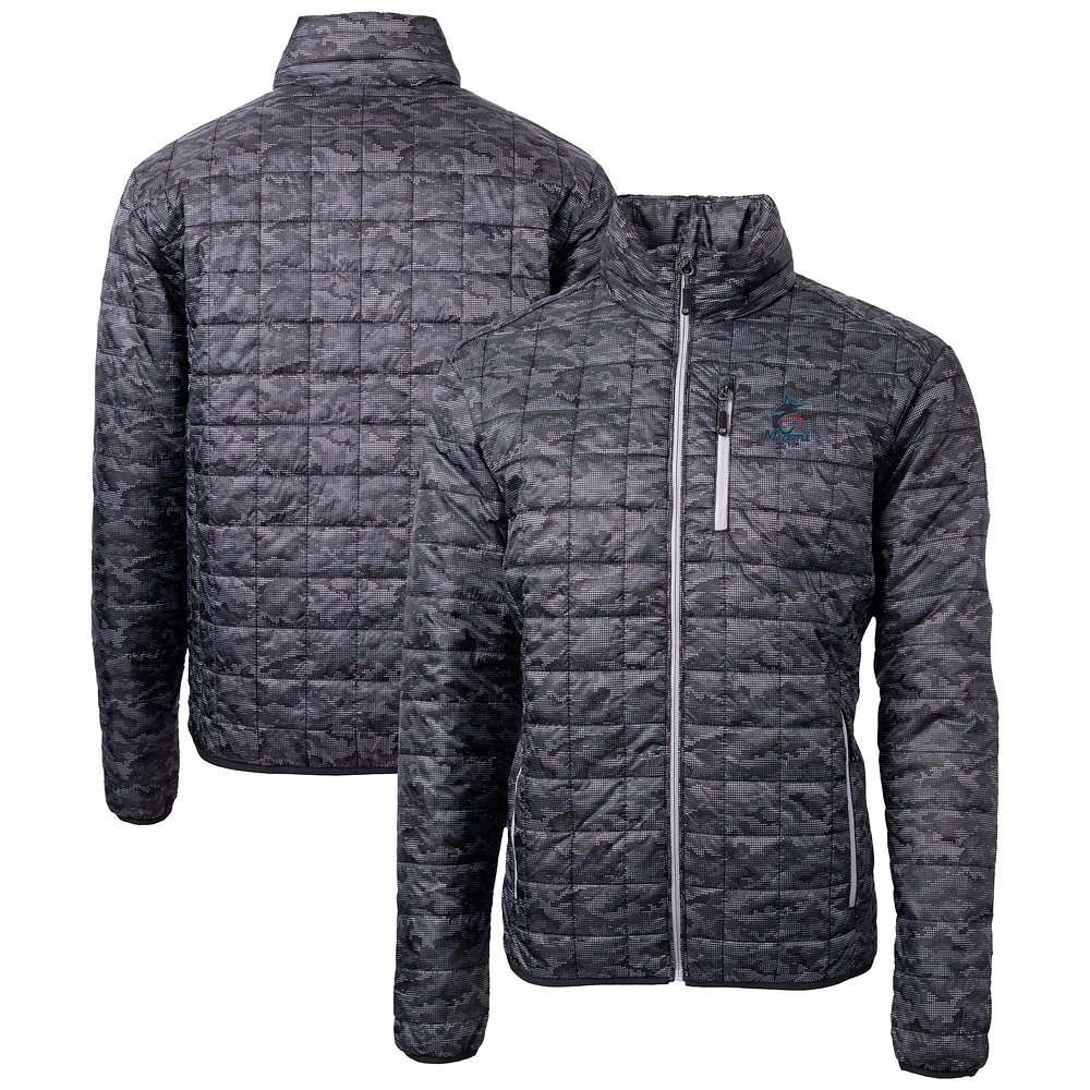 Men's Cutter & Buck Black Miami Marlins Rainier PrimaLoft® Eco Insulated Full-Zip Hoodie Printed Puffer Jacket