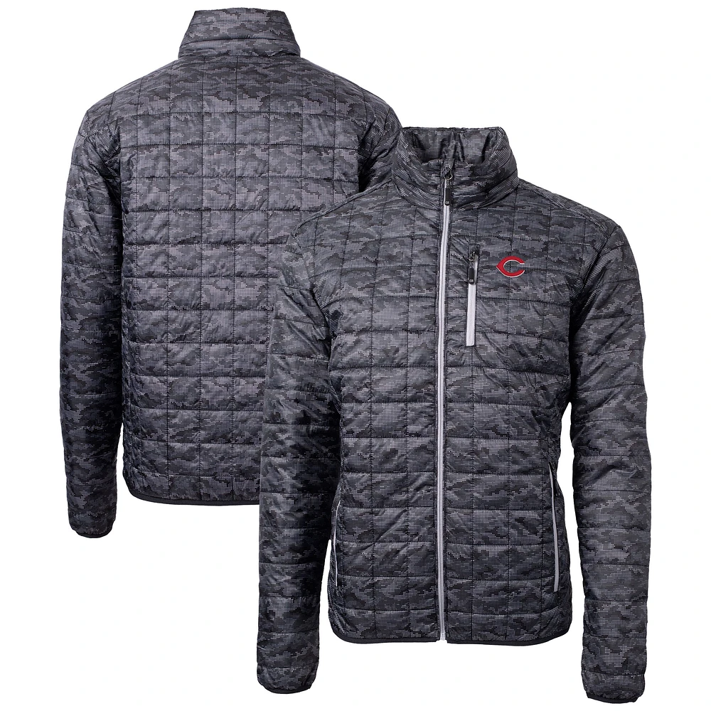 Men's Cutter & Buck Black Cincinnati Reds Rainier PrimaLoft® Eco Insulated Full-Zip Hoodie Printed Puffer Jacket
