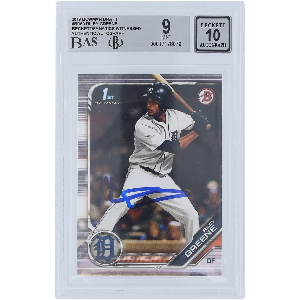 Riley Greene Detroit Tigers Autographed 2019 Bowman Draft #BD-50 Beckett Fanatics Witnessed Authenticated /10 Card