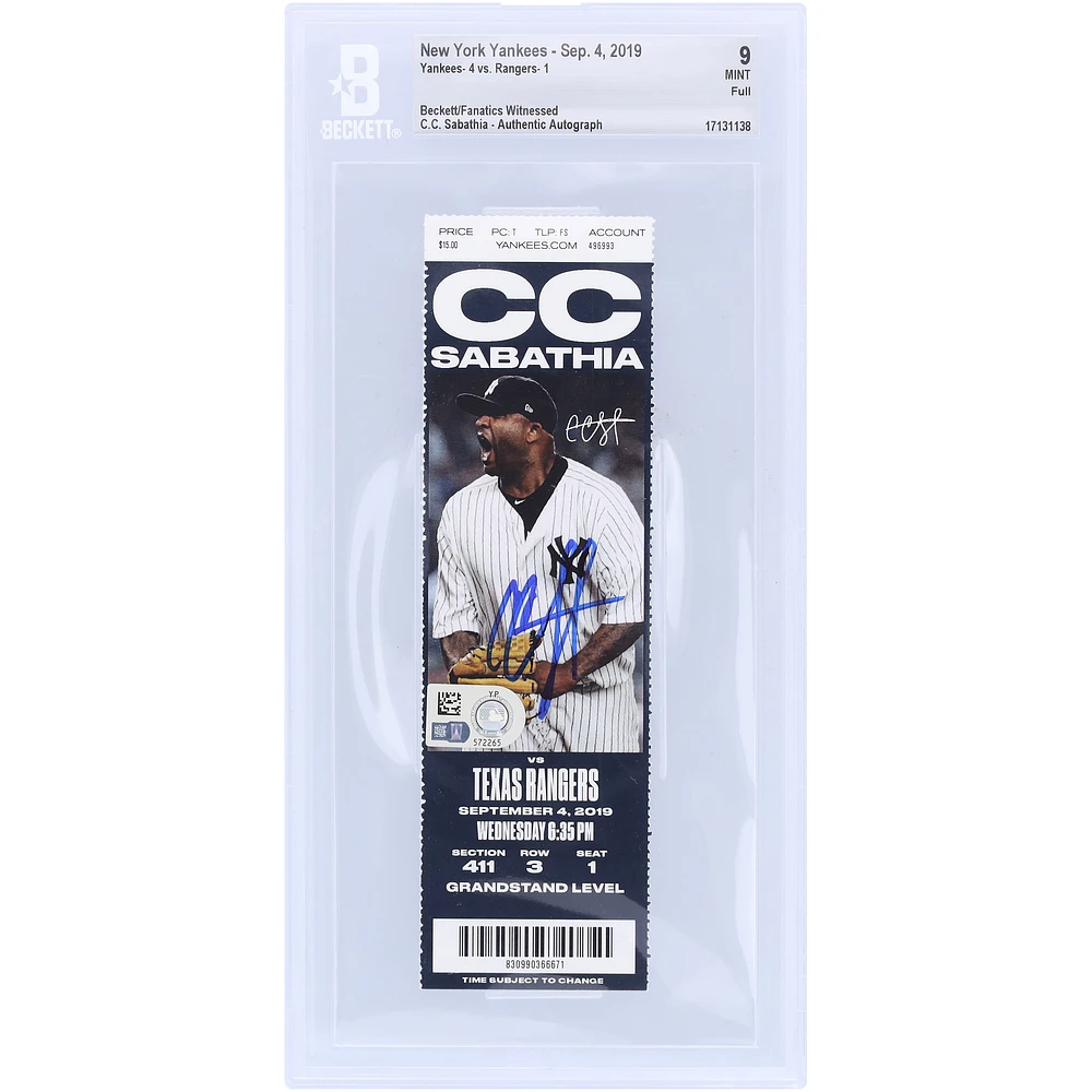 CC Sabathia New York Yankees Autographed Beckett Fanatics Witnessed Authenticated Ticket from September 4