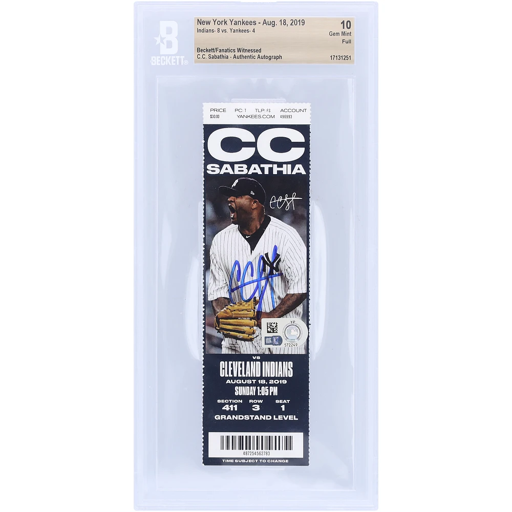 CC Sabathia New York Yankees Autographed Beckett Fanatics Witnessed Authenticated Ticket from August 18