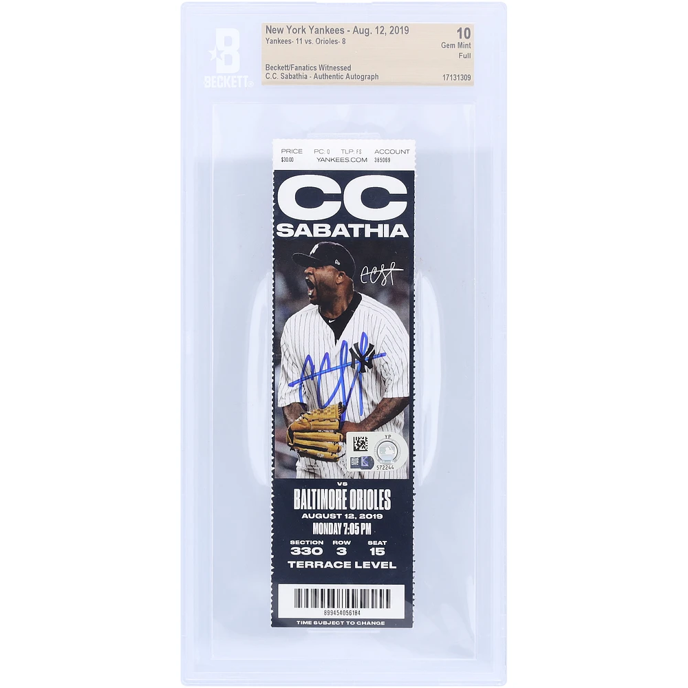 CC Sabathia New York Yankees Autographed Beckett Fanatics Witnessed Authenticated Ticket from August 12