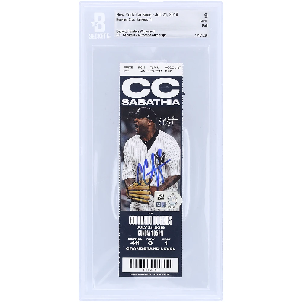 CC Sabathia New York Yankees Autographed Beckett Fanatics Witnessed Authenticated Ticket from July 21