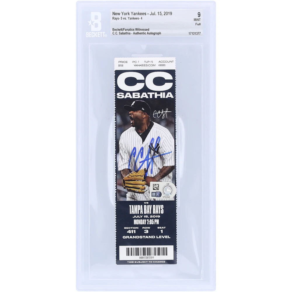 CC Sabathia New York Yankees Autographed Beckett Fanatics Witnessed Authenticated Ticket from July 15