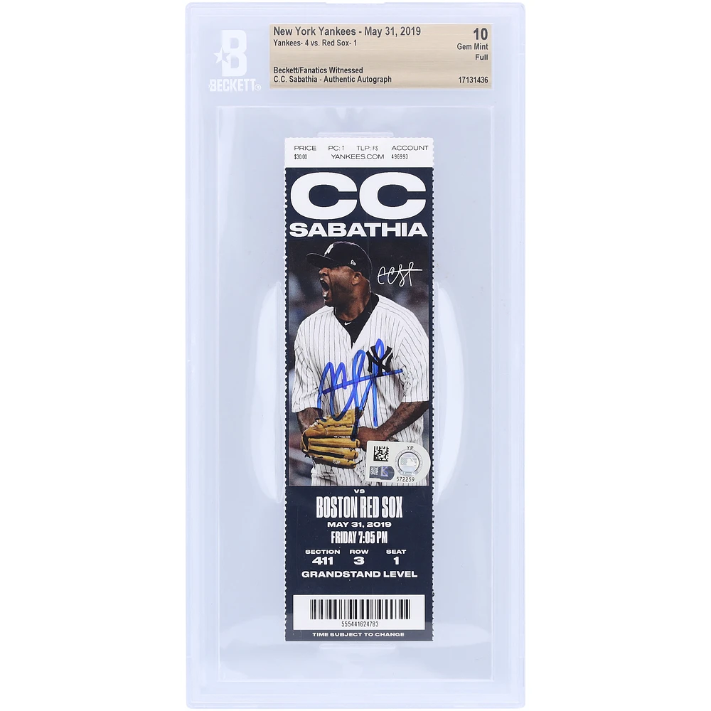 CC Sabathia New York Yankees Autographed Beckett Fanatics Witnessed Authenticated Ticket from May 31