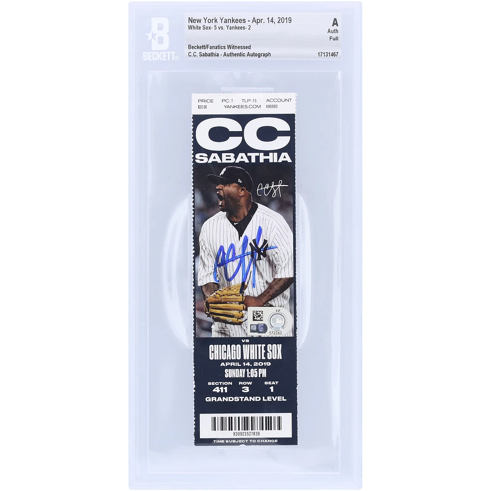 CC Sabathia New York Yankees Autographed Beckett Fanatics Witnessed Authenticated Ticket from April 14, 2019