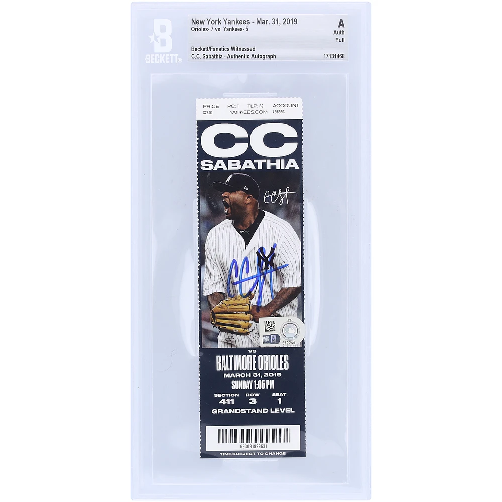 CC Sabathia New York Yankees Autographed Beckett Fanatics Witnessed Authenticated Ticket from March 31, 2019