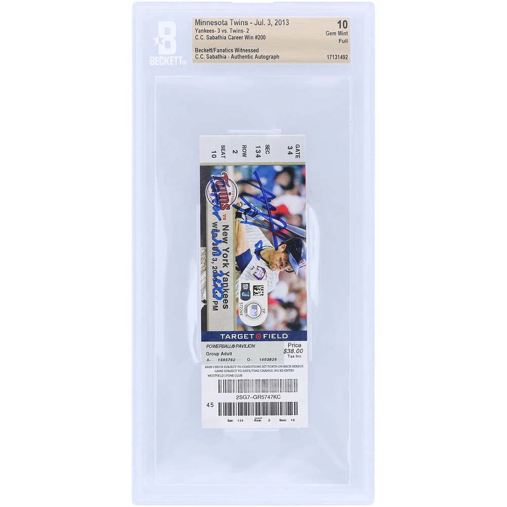 CC Sabathia New York Yankees Autographed Beckett Fanatics Witnessed Authenticated Ticket from July 3, 2013 with "200th Career Win" Inscription