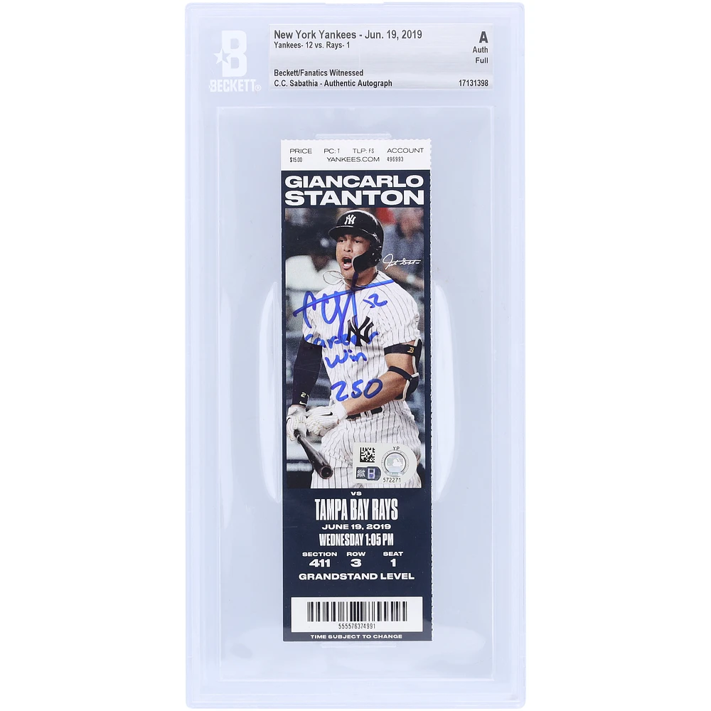 CC Sabathia New York Yankees Autographed Beckett Fanatics Witnessed Authenticated Ticket from June 19, 2019 with "250th Career Win" Inscription - 250th Career Win