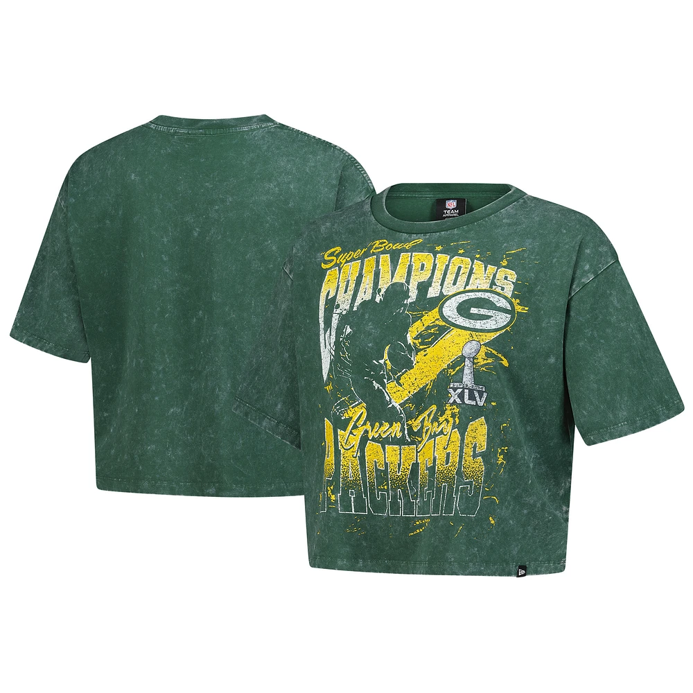 Women's New Era Green Green Bay Packers Cropped Boxy Sport Classics Mineral Wash T-Shirt