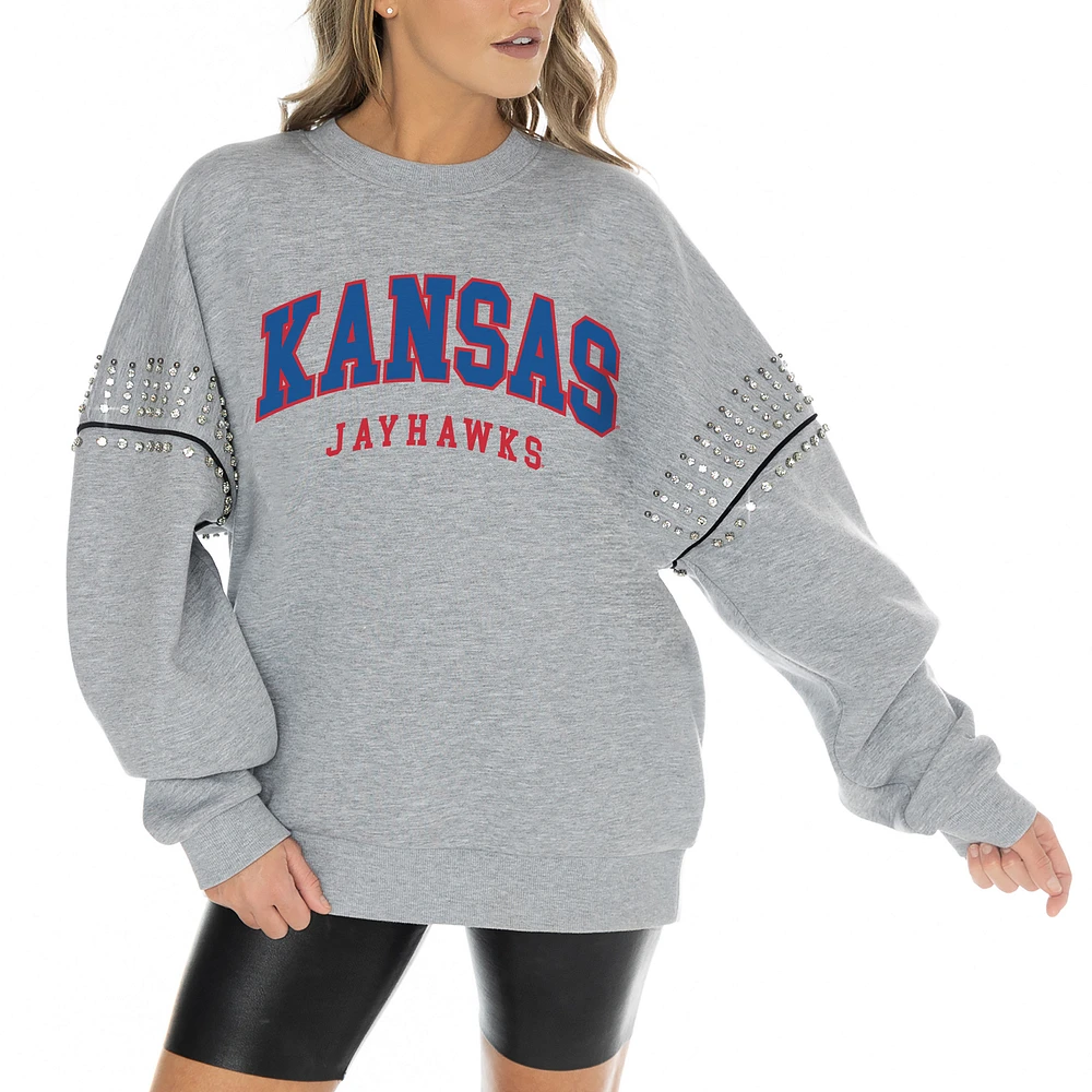 Women's Gameday Couture Heather Gray Kansas Jayhawks Competitive Edge Oversized Fleece Pullover Sweatshirt