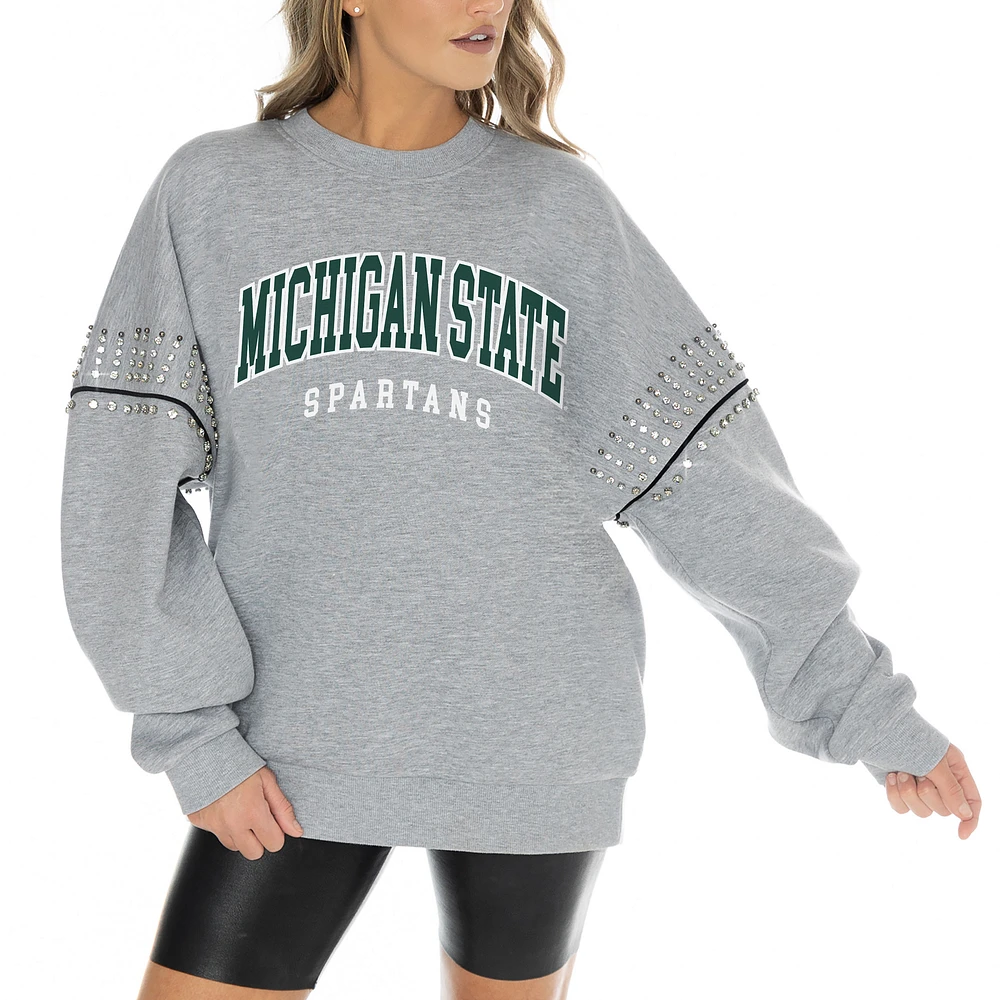 Women's Gameday Couture Heather Gray Michigan State Spartans Competitive Edge Oversized Fleece Pullover Sweatshirt
