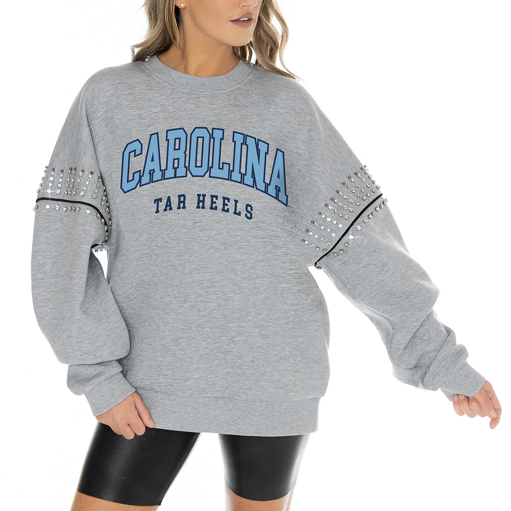 Women's Gameday Couture Heather Gray North Carolina Tar Heels Competitive Edge Oversized Fleece Pullover Sweatshirt
