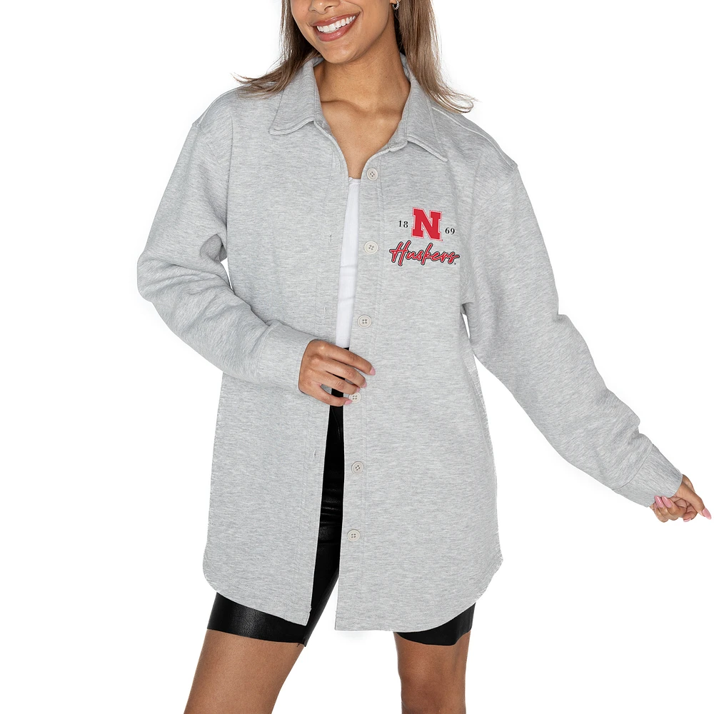 Women's Gameday Couture Ash Nebraska Huskers Foundation Full-Button Long Sleeve Overshirt