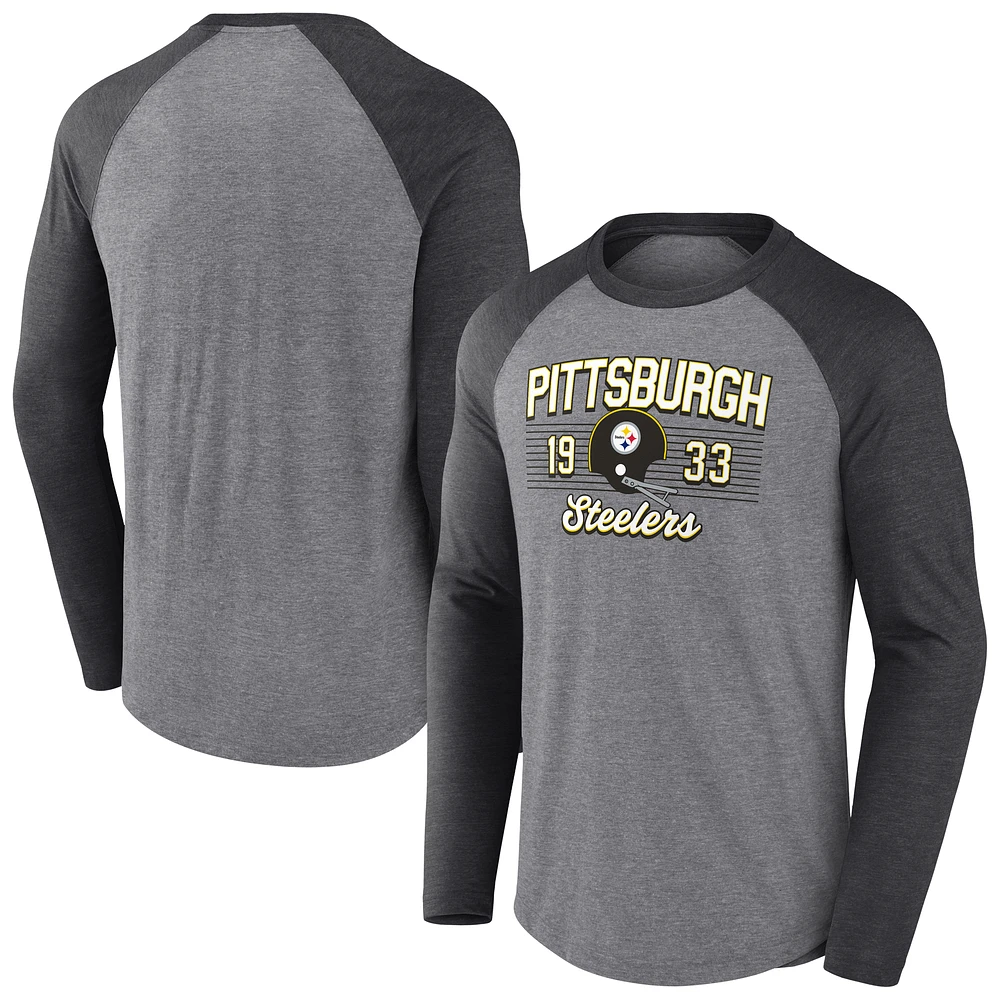 Men's Fanatics Heather Gray Pittsburgh Steelers Weekend Casual Raglan Long Sleeve Tri-Blend T-Shirt
