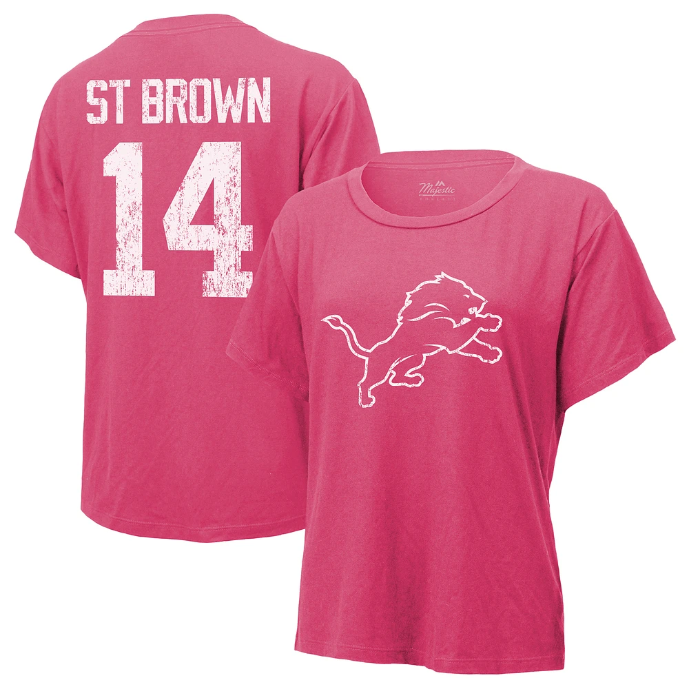 Women's Majestic Threads Amon-Ra St. Brown Pink Detroit Lions Name & Number T-Shirt