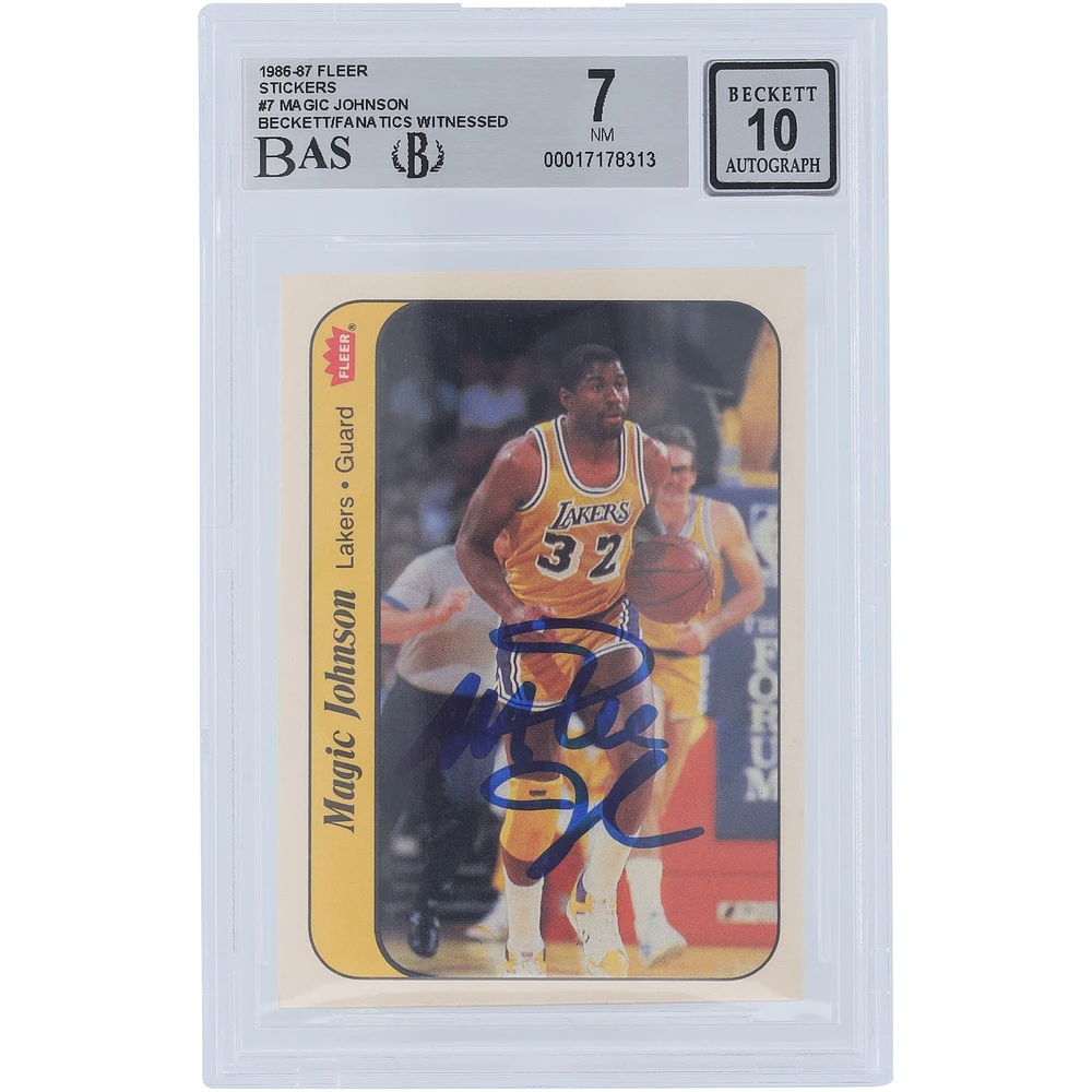 Magic Johnson Los Angeles Lakers Autographed 1986-87 Fleer Sticker #7 Beckett Fanatics Witnessed Authenticated 7/10 Card