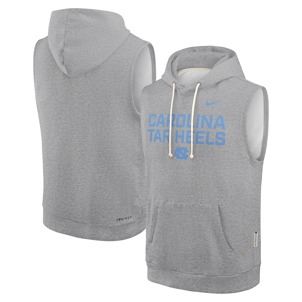 Men's Jordan Brand Heather Gray North Carolina Tar Heels 2025 Sideline Standard Issue Dri-FIT Sleeveless Hoodie