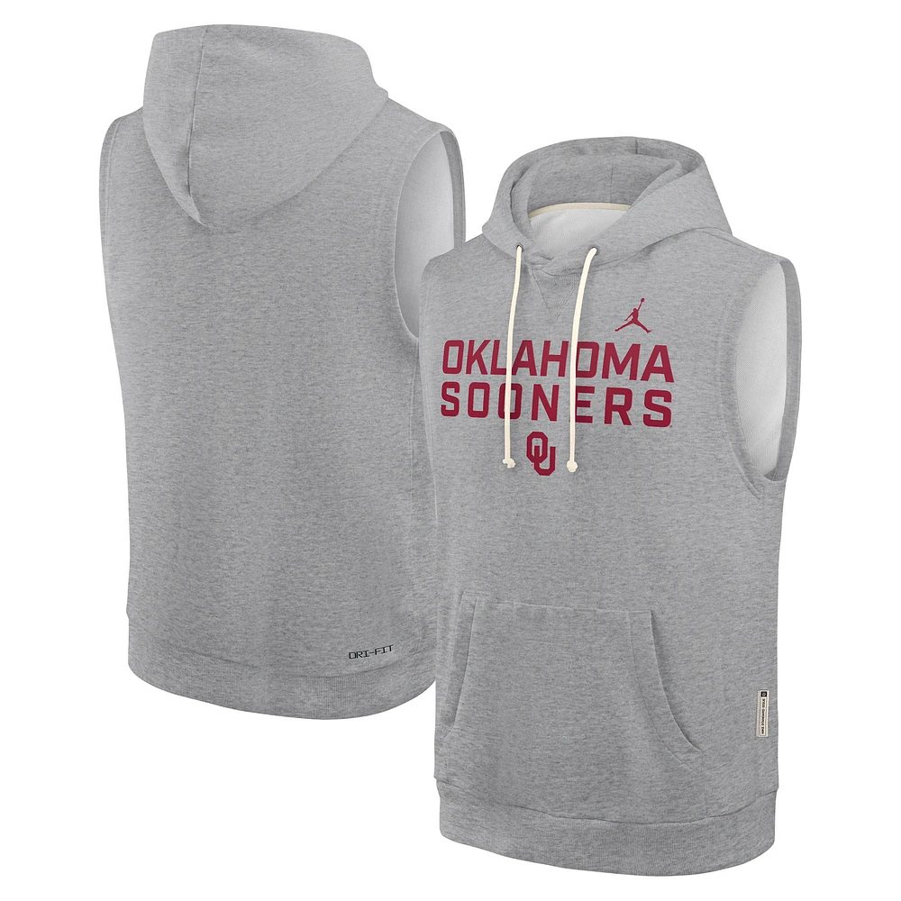 Men's Jordan Brand Heather Gray Oklahoma Sooners 2025 Sideline Standard Issue Dri-FIT Sleeveless Hoodie