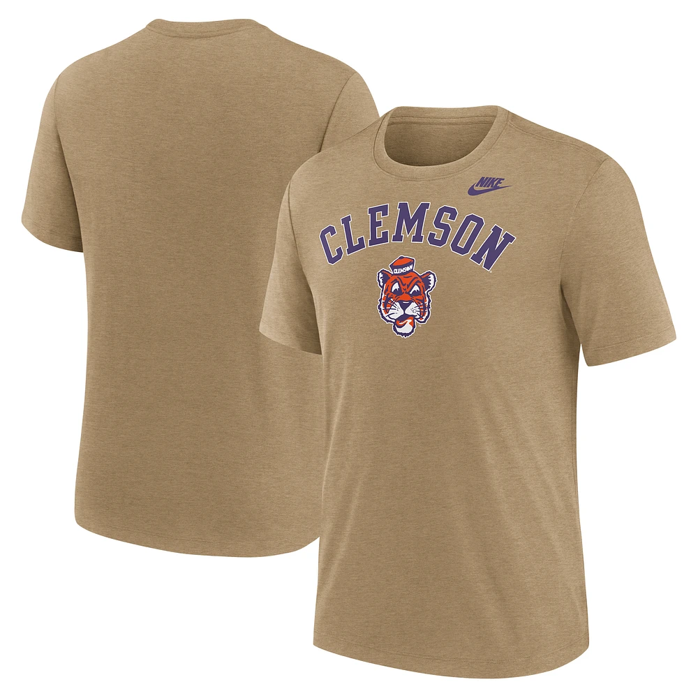 Men's Nike Heather Light Brown Clemson Tigers Legacy Arch Tri-Blend T-Shirt