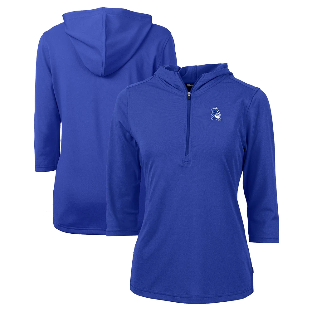 Women's Cutter & Buck Blue Duke Devils Virtue Eco Pique Recycled Half-Zip 3/4-Sleeve Hoodie
