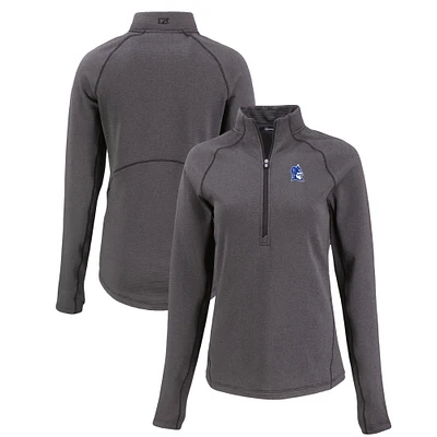 Women's Cutter & Buck Heather Black Duke Blue Devils Peshastin Eco Fleece Recycled Half-Zip Tri-Blend Jacket