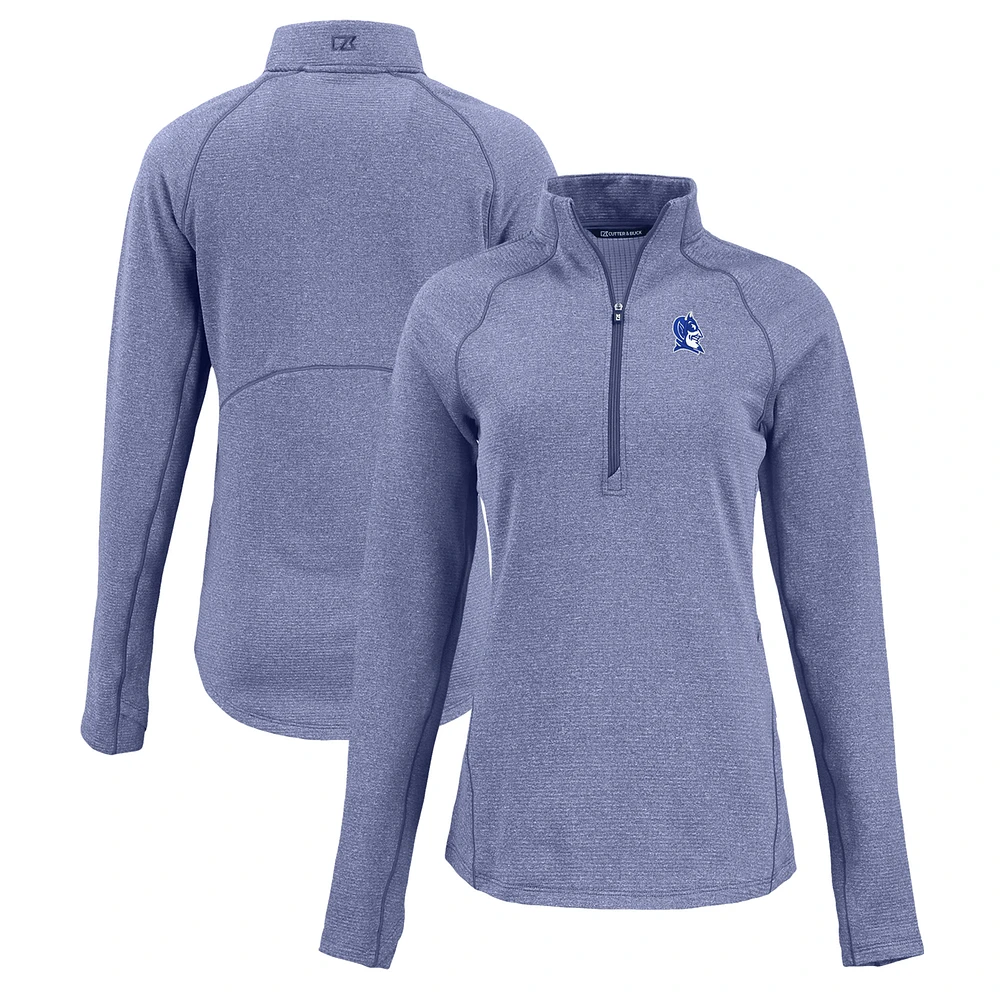 Women's Cutter & Buck Heather Blue Duke Devils Peshastin Eco Fleece Recycled Half-Zip Tri-Blend Jacket