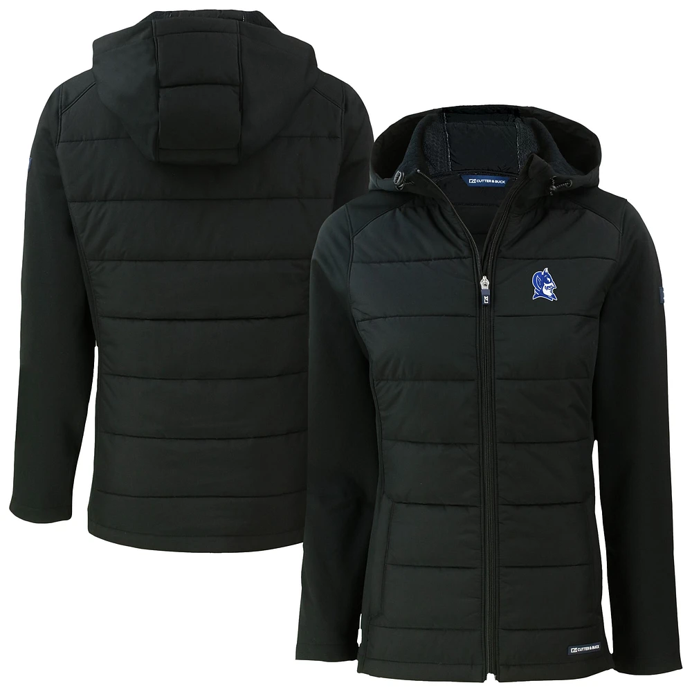 Women's Cutter & Buck Black Duke Blue Devils Evoke Hybrid Eco Softshell Recycled Full-Zip Hooded Jacket