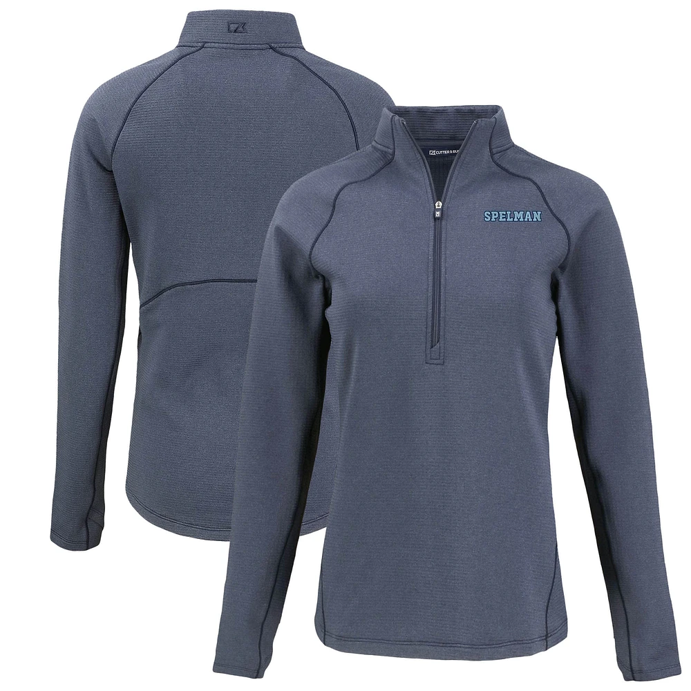 Women's Cutter & Buck Heather Navy Spelman College Jaguars Peshastin Eco Fleece Recycled Raglan Half-Zip Top
