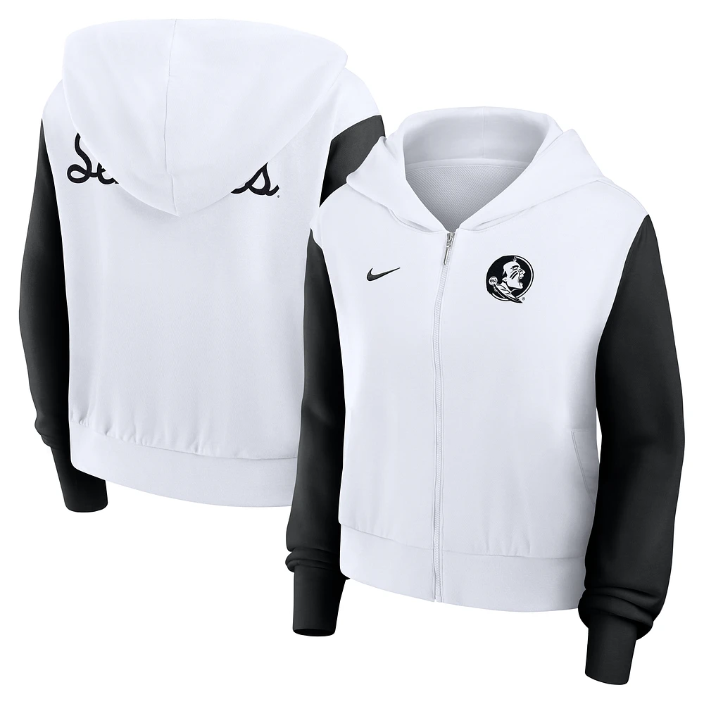 Women's Nike White Florida State Seminoles Cropped Beyond Capability Color-Block Script Full-Zip Hoodie