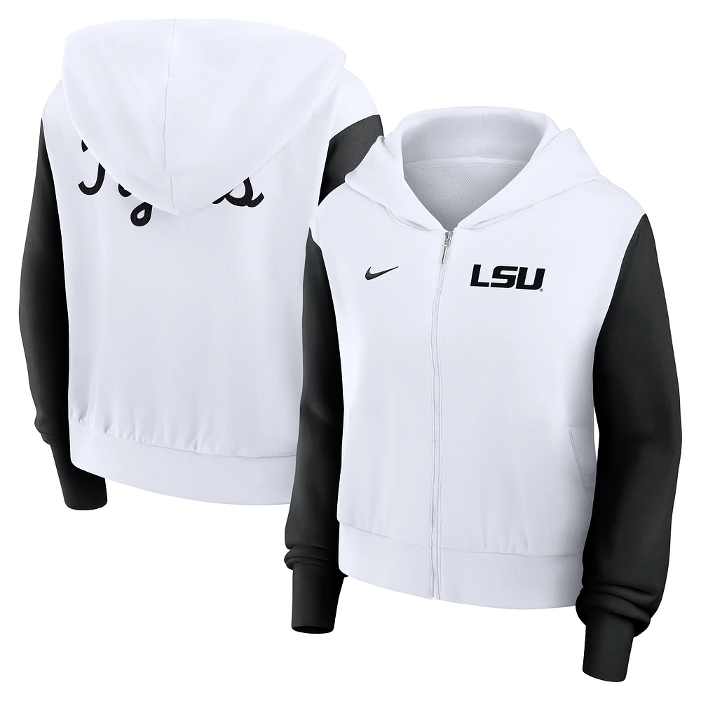 Women's Nike White LSU Tigers Cropped Beyond Capability Color-Block Script Full-Zip Hoodie
