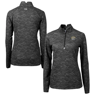 Women's Cutter & Buck Black Western Michigan Broncos Traverse Stretch Eco Camo Print DryTec Tri-Blend Quarter-Zip Top