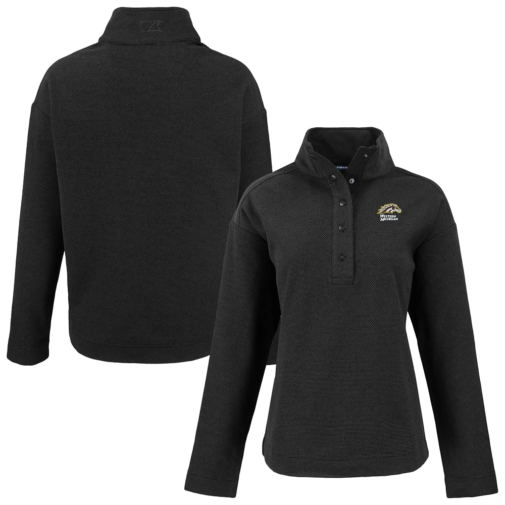 Women's Cutter & Buck Black Western Michigan Broncos Hunts Point Eco Textured Fleece Recycled Quarter-Snap Pullover