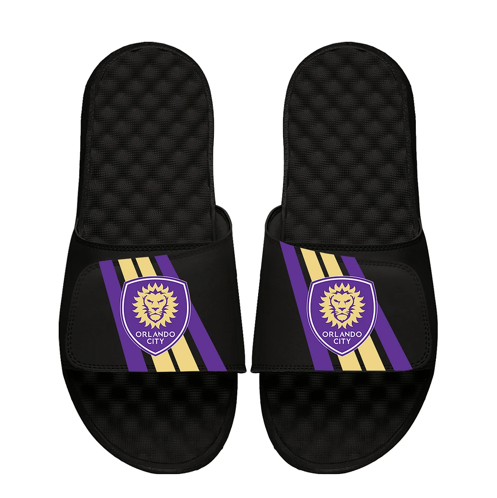 Youth ISlide Black Orlando City SC Vertical Stripes Slide Sandals