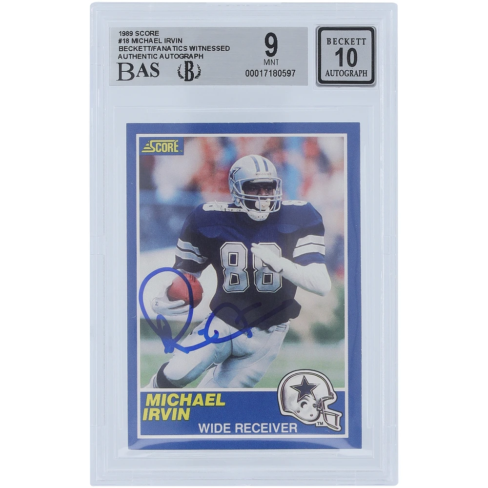 Michael Irvin Dallas Cowboys Autographed 1989 Score #18 Beckett Fanatics Witnessed Authenticated 9/10 Rookie Card