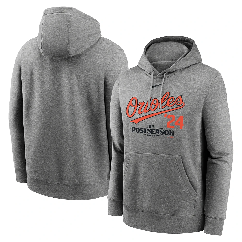 Men's Nike Heather Charcoal Baltimore Orioles 2024 MLB Postseason Lockup Club Fleece Pullover Hoodie