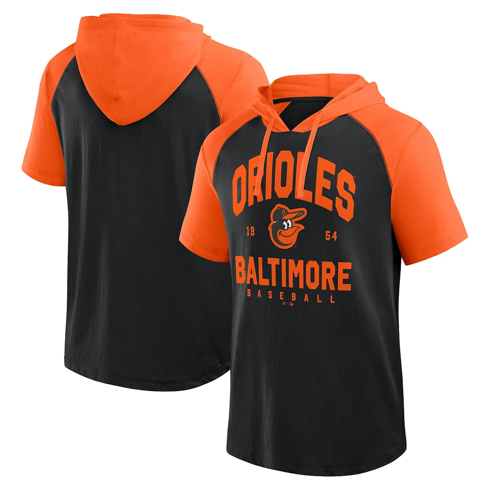 Men's Logo Athletic Black Baltimore Orioles Prime Raglan Short Sleeve Hoodie T-Shirt