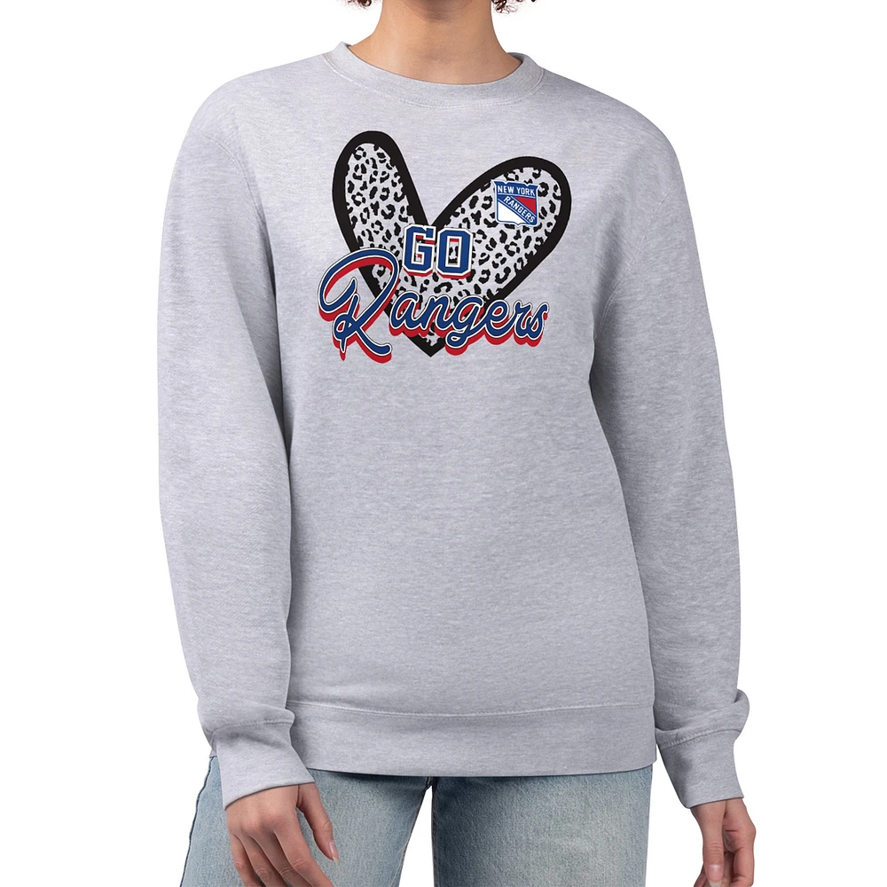 Women's G-III 4Her by Carl Banks Heather Gray New York Rangers Animal Print Heart Fleece Pullover Sweatshirt