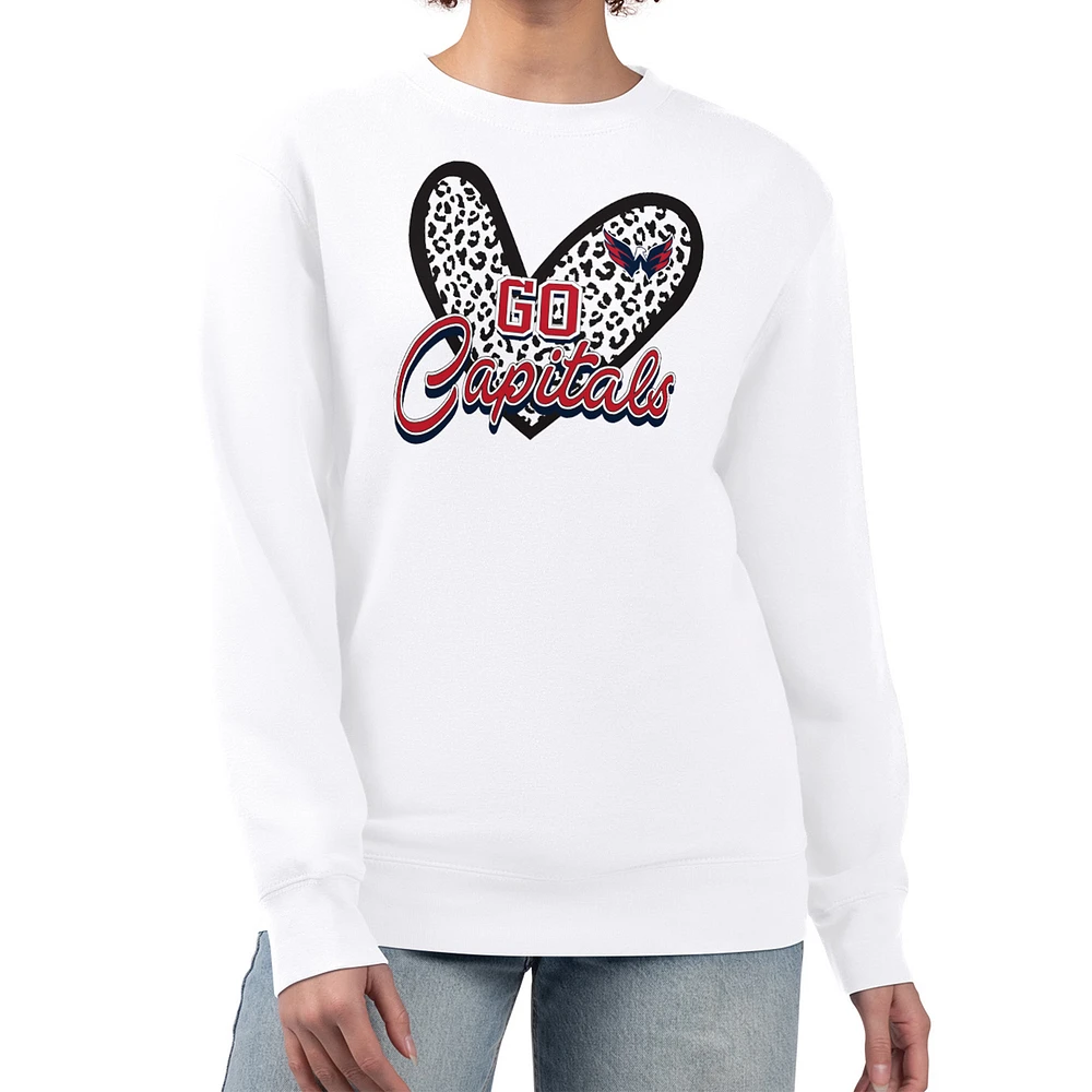 Women's G-III 4Her by Carl Banks White Washington Capitals Animal Print Heart Fleece Pullover Sweatshirt