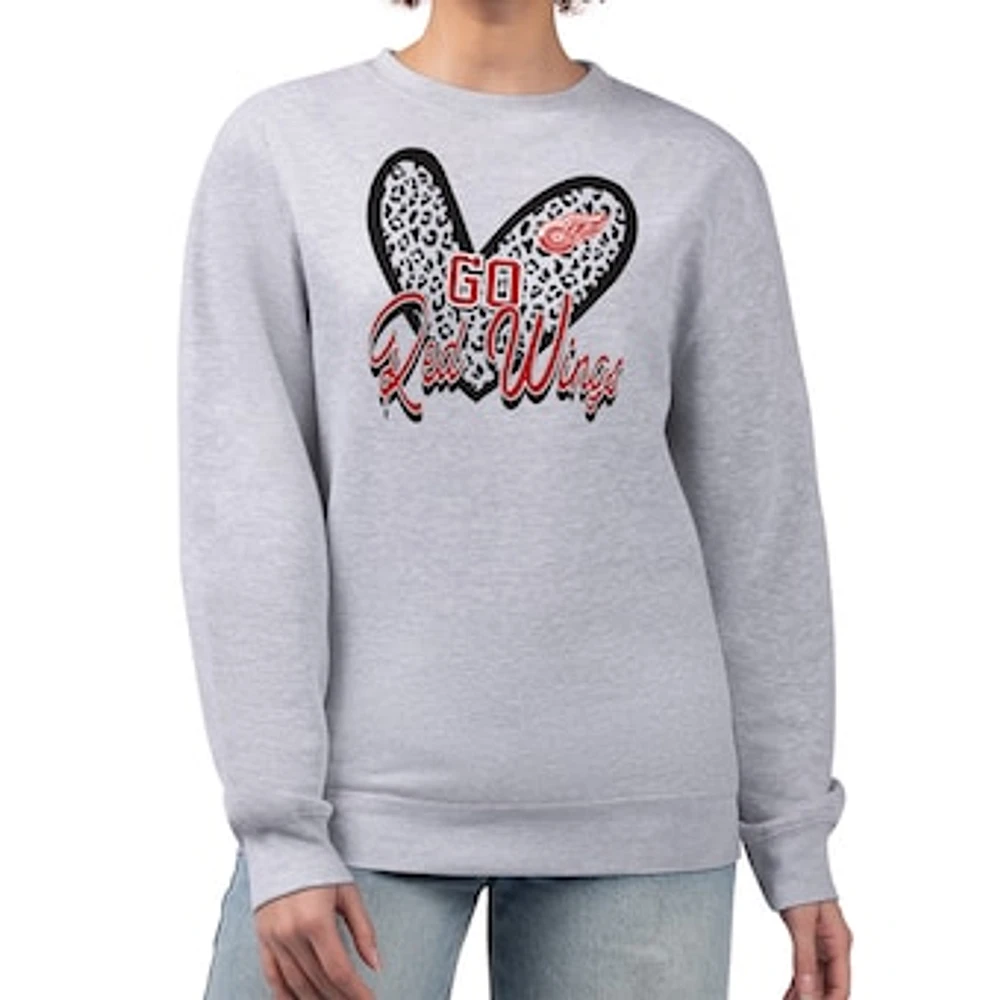 Women's G-III 4Her by Carl Banks Heather Gray Detroit Red Wings Animal Print Heart Fleece Pullover Sweatshirt
