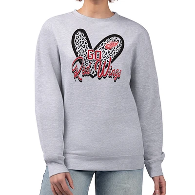 Women's G-III 4Her by Carl Banks Heather Gray Detroit Red Wings Animal Print Heart Fleece Pullover Sweatshirt