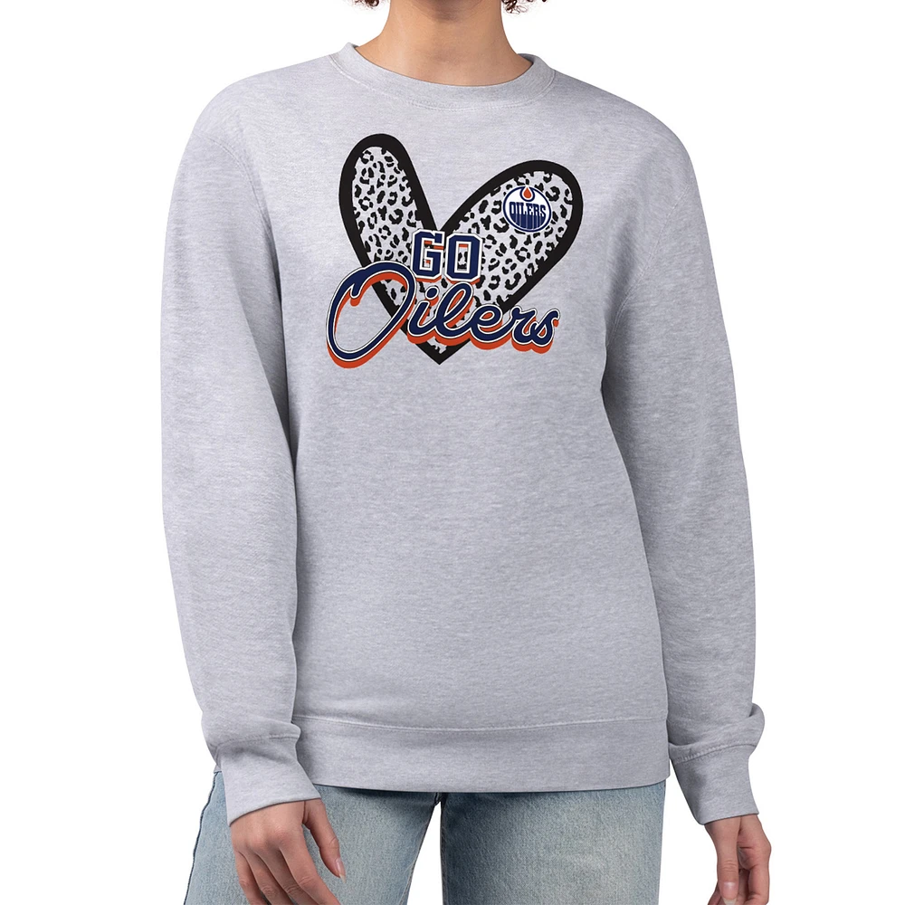 Women's G-III 4Her by Carl Banks Heather Gray Edmonton Oilers Animal Print Heart Fleece Pullover Sweatshirt