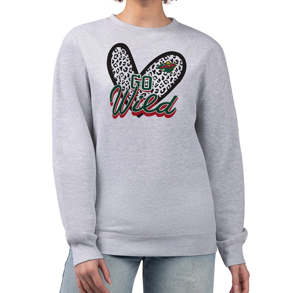 Women's G-III 4Her by Carl Banks Heather Gray Minnesota Wild Animal Print Heart Fleece Pullover Sweatshirt