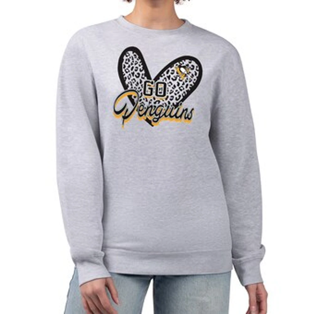 Women's G-III 4Her by Carl Banks Heather Gray Pittsburgh Penguins Animal Print Heart Fleece Pullover Sweatshirt