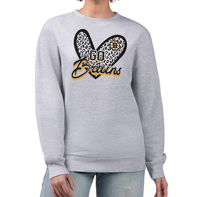 Women's G-III 4Her by Carl Banks Heather Gray Boston Bruins Animal Print Heart Fleece Pullover Sweatshirt