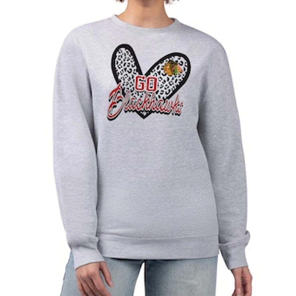 Women's G-III 4Her by Carl Banks Heather Gray Chicago Blackhawks Animal Print Heart Fleece Pullover Sweatshirt