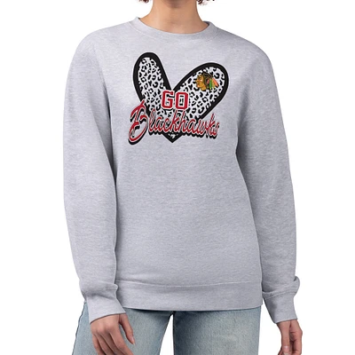 Women's G-III 4Her by Carl Banks Heather Gray Chicago Blackhawks Animal Print Heart Fleece Pullover Sweatshirt