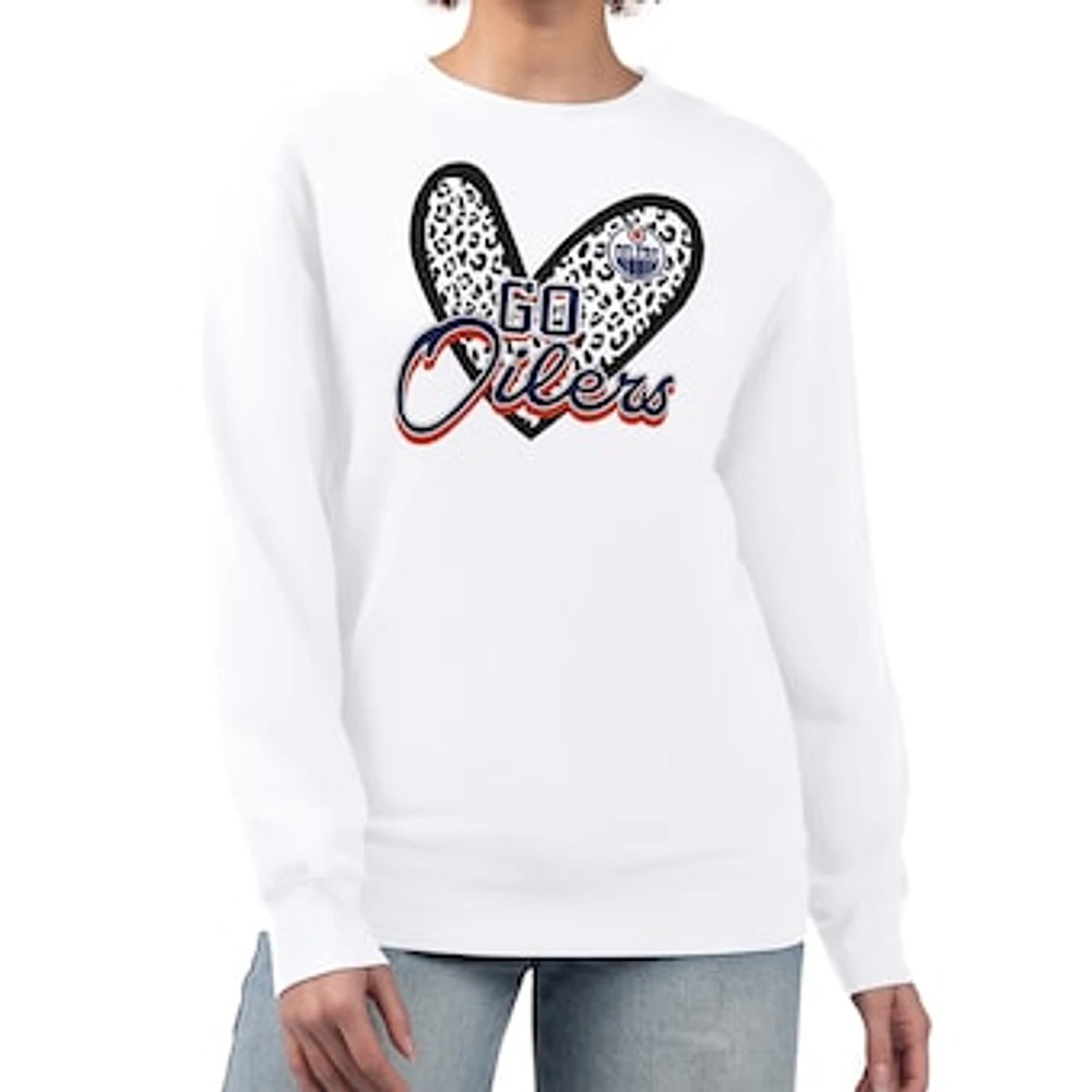 Women's G-III 4Her by Carl Banks White Edmonton Oilers Animal Print Heart Fleece Pullover Sweatshirt