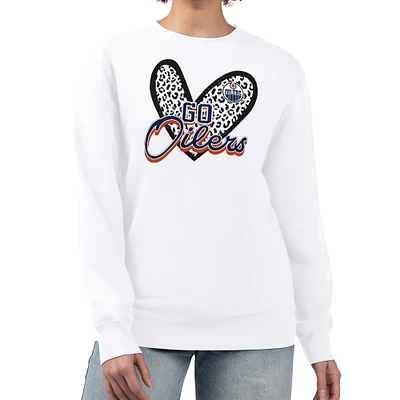 Women's G-III 4Her by Carl Banks White Edmonton Oilers Animal Print Heart Fleece Pullover Sweatshirt
